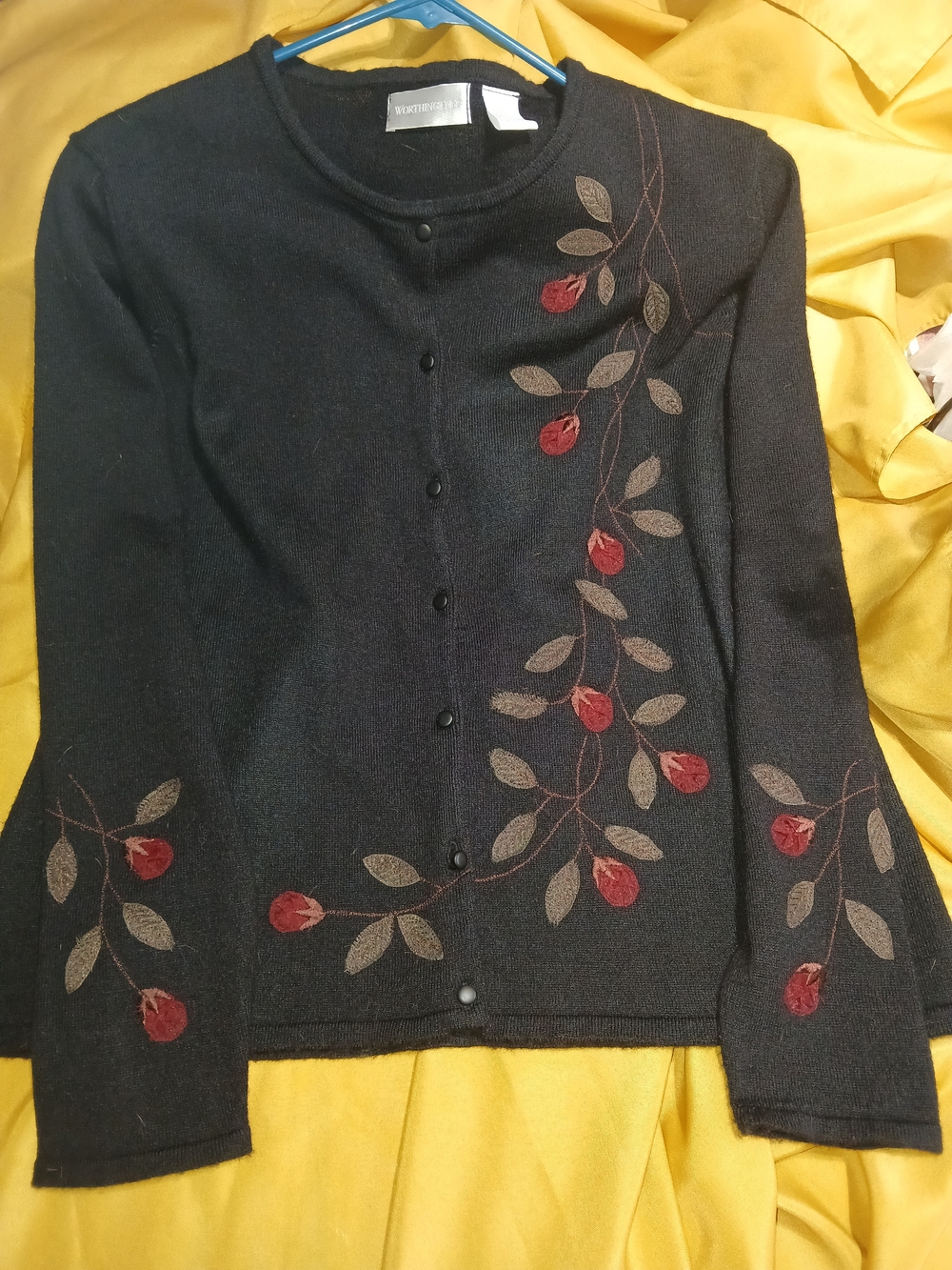 Worthington Black Cardigan Sweater with Red and Brown Leaf Embroidery